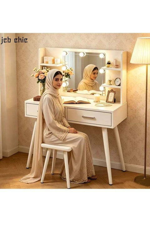 Modern White Makeup Vanity Desk with LED Mirror, 2-Drawer Dressing Table with Open Shelves and Cushioned Stool，Multifunctional Vanity Table Sets for Bedroom