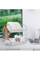 Dish Drainer Rack, 2 Tier Stainless Steel Dish Rack with Cutting Board, Cutlery, Utensil Holder, Dish Dryer for Kitchen Counter Top Storage, Plated Chrome Dish Drainboard Silver