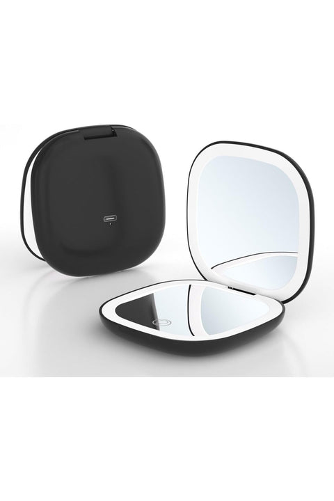 Portable Dual-Sided LED Makeup Mirror with 3 Color Lighting, 360° Rotating 5X Magnification, USB Rechargeable Travel Mirror for Women, Compact Vanity Gift (Black)