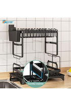 2 Tier Foldable Dish Drying Rack with Utensil Holder & Cutting Board Holder & Drainboard Tray, Rotatable Drainage System Scratch Resistant Frosted Baking Process Coatings, Large Black