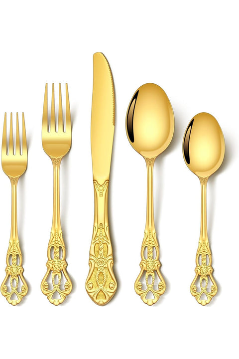 10 Pcs Retro Gold Silverware Set, Stainless Steel Cutlery Set for 2, Mirror Polished Forks Spoons Knives, Dishwasher Safe Flatware, Elegant Tableware for Home, Party, Wedding Use
