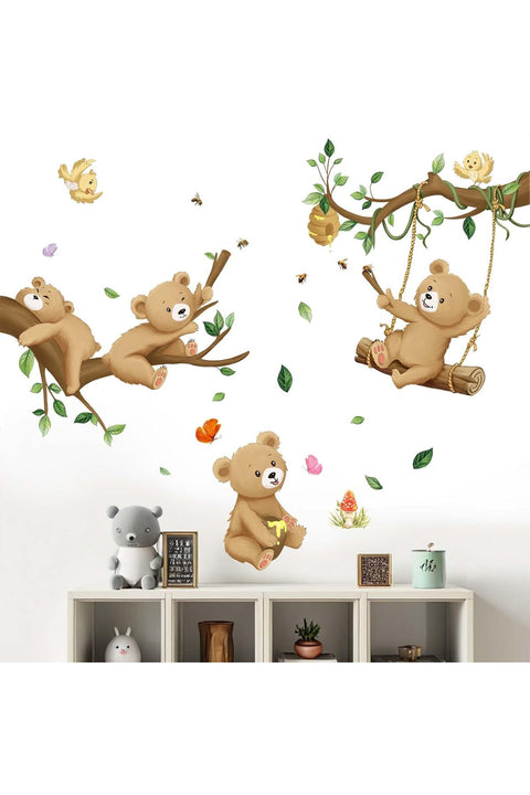 Woodland Bear Wall Stickers - Baby Animal Tree Branch Wall Decals - Nursery Kids Girls Boys Room Daycare Playroom Classroom Wall Decor