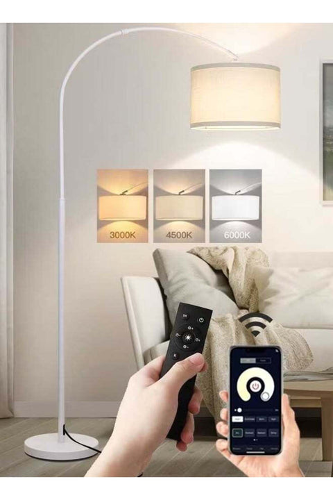 FUOE Floor Lamp with Remote Control & App, Modern Tall Lamp for Living Room with Hanging Drum Shade White