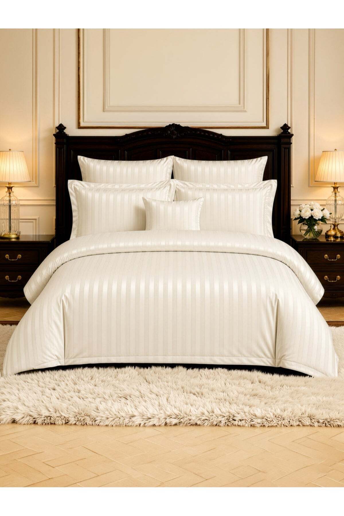 Striped Comforter Set, King Size Fits 200x200cm, 8-Piece Hotel Bedding with 350 GSM Filling