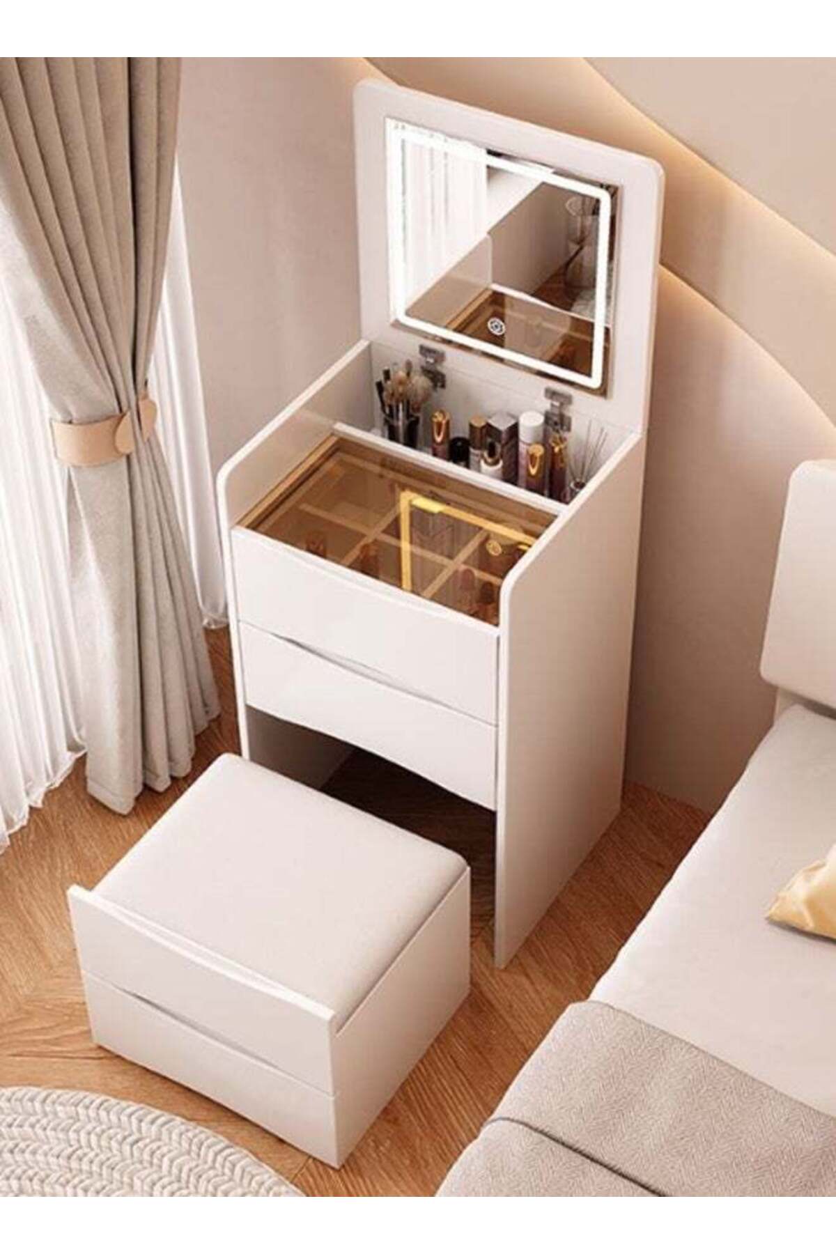 3 in 1 Vanity Desk with Flip Top Mirror and Lights, Makeup Vanity Set with Glass tabletop, Space Saving Dressing Table with storage cabinwt, Multi-Functional Display Cabinwt for Bedroom (40×4