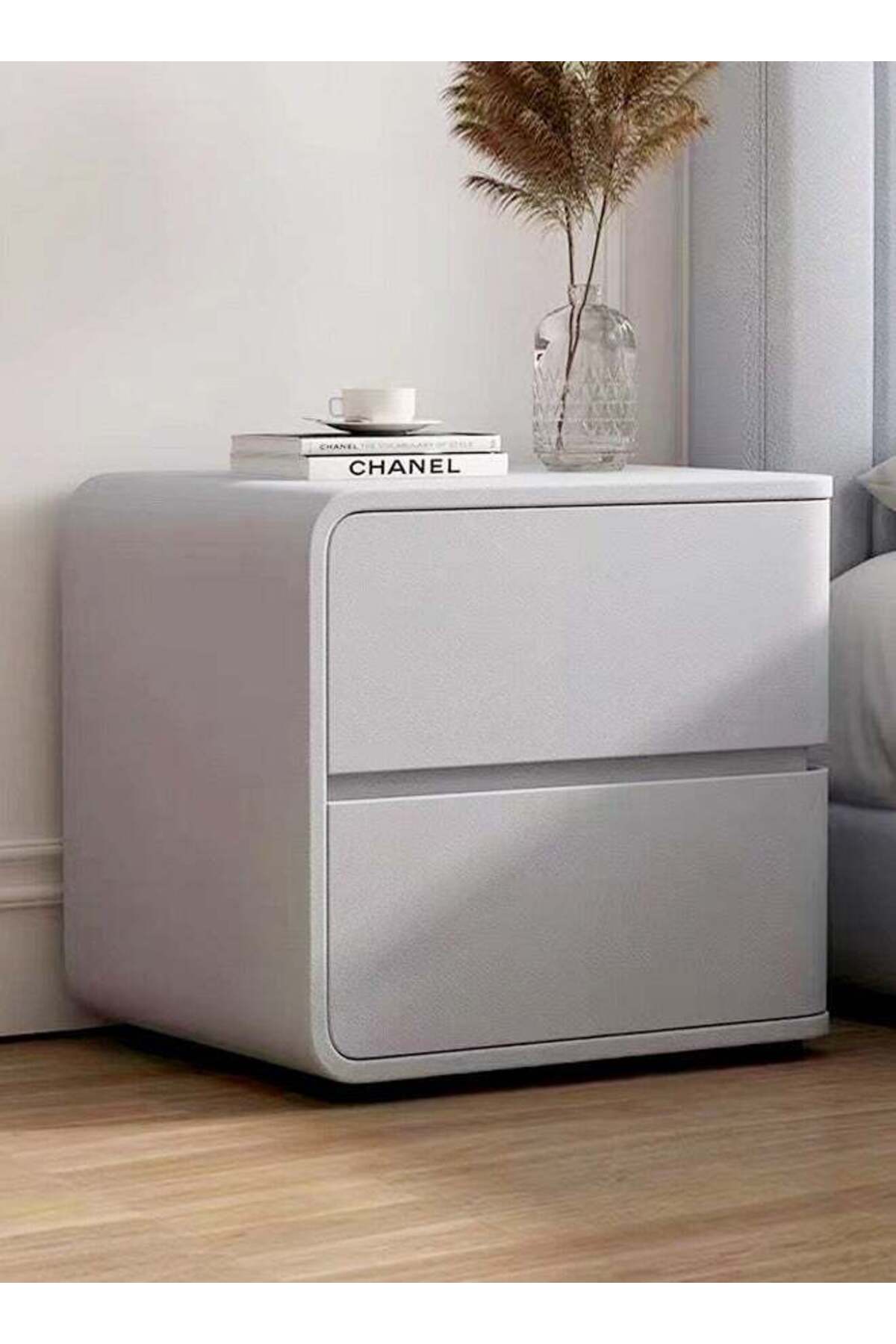Modern High Gloss Nightstand Right Side Bedside Table with 2 Storage Drawers Solid Wood Bedside End Table 45 x 40 x 45 cm (Fully Assembled)