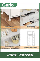 Garlo White Dresser with 5 Drawers, Vertical Storage Tower Fabric Dresser for Bedroom, Hallway, Entryway, Nursery, Closet Organizer, Nightstand Bedside Table Furniture, Sturdy Steel Frame, Wood Top