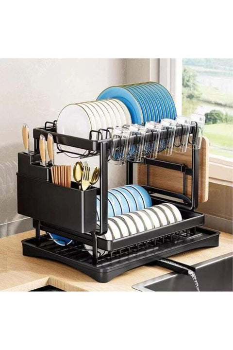 LODROC 2-Tier Dish Drying Rack with Knife Slots, Dish Racks for Kitchen Counter, Space-Saving Kitchen Organizer, Detachable Capacity Dish Drainer Organizer with Cutlery & Cup Holder (Black)