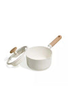 1.9L Ceramic Nonstick Saucepan with Strainer Lid, PFAS-Free, Wood-Like Handle, All-Stovetop (Cream)