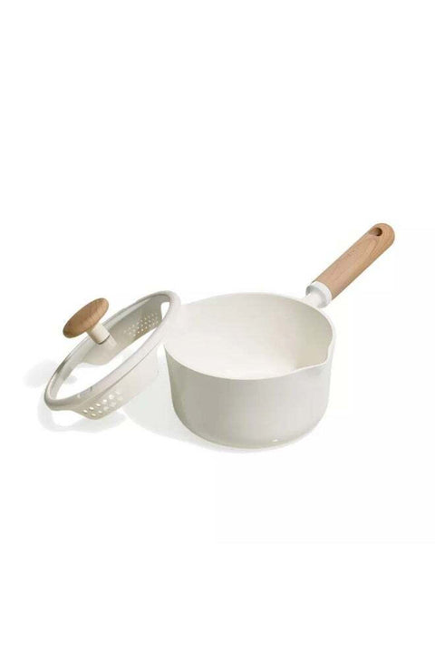 1.9L Ceramic Nonstick Saucepan with Strainer Lid, PFAS-Free, Wood-Like Handle, All-Stovetop (Cream)