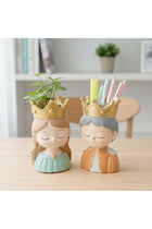 Marketplace King and Queen Planter Polyresin Decorative Flower Vase Royal Face Succulent Pot Cute Crown Design Indoor Outdoor Home Office Decor Pen Pencil Holder Gift (2Pcs Set)