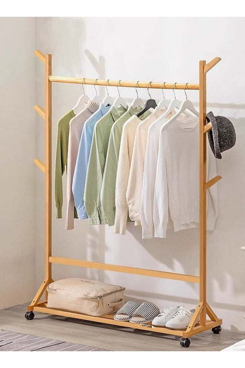 CozyNest Simple Trending Natural Wood Garment Rack with Storage Shelves, Rolling Wooden Clothes Organizer on Wheels for Hanging Clothes