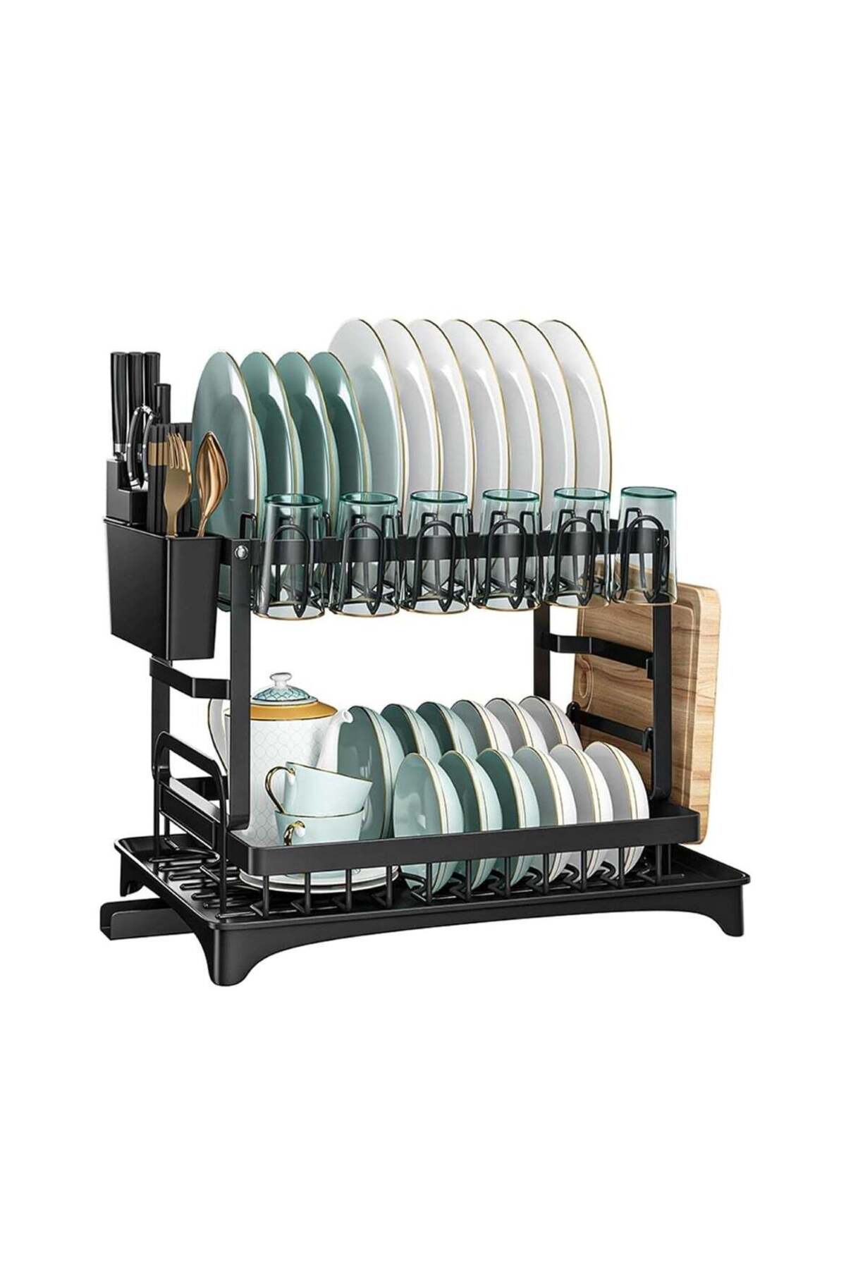 Countertop Dish Rack with Drainer and Cutlery Organizer for Kitchen Storage Black