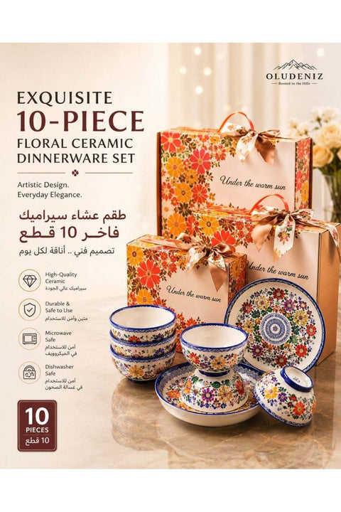 Exquisite 10-Piece Floral Ceramic Dinnerware Set – Includes 4 Rice Bowls, 2 Elegant Flat Plates