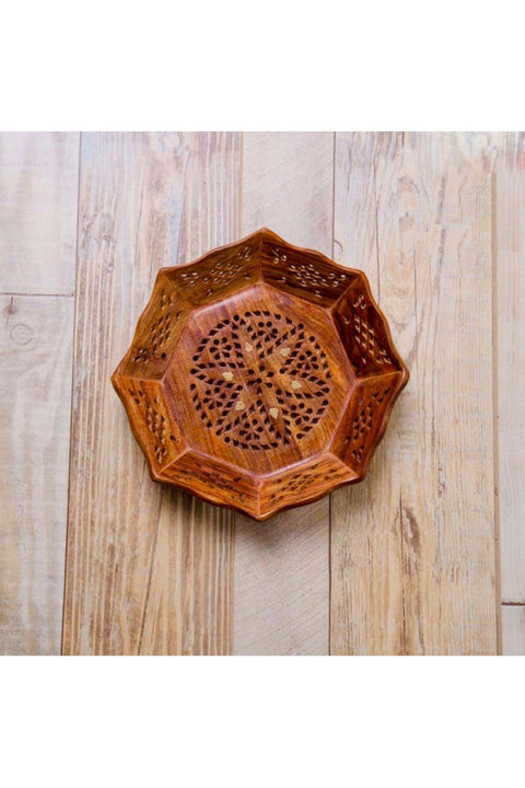 Marketplace New In Brass Mesh Work Wooden Octagon Serving Tray with brass inlay work, Plate Butler Tray for Eating Parties, Serving Trays and Platters Brown - Set of 3 | 12 Inch