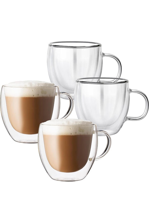 Double Walled Glass Coffee Mugs Set of 4, 8.5 OZ Clear Glass Insulated Mugs with Handle