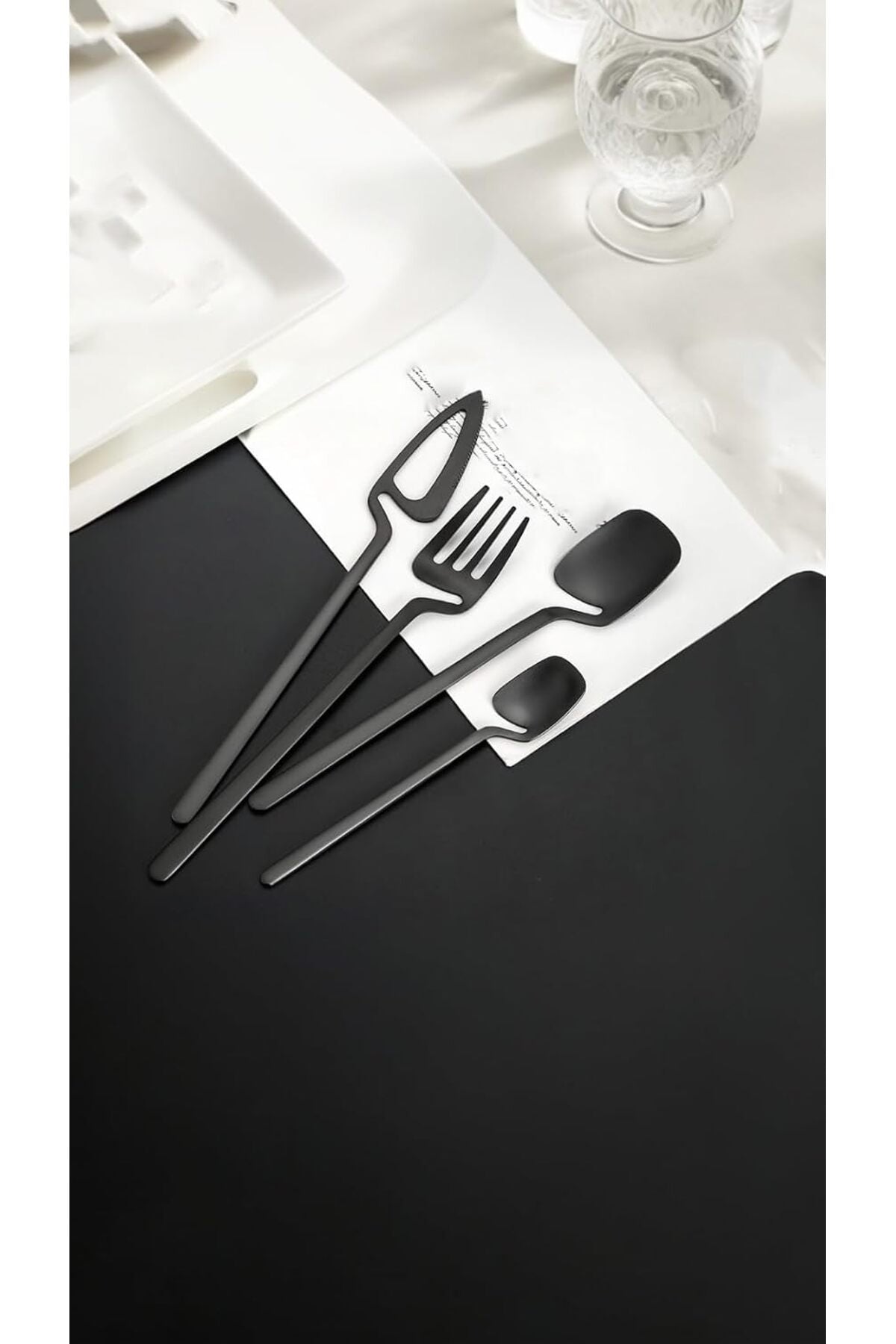 Black Flatware Set, 4-Piece Matte Stainless Steel Cutlery Set, Head Concave Design for Hanging, Dishwasher Safe and Rust Protected, for Home Kitchen, Restaurant, or Formal Dining