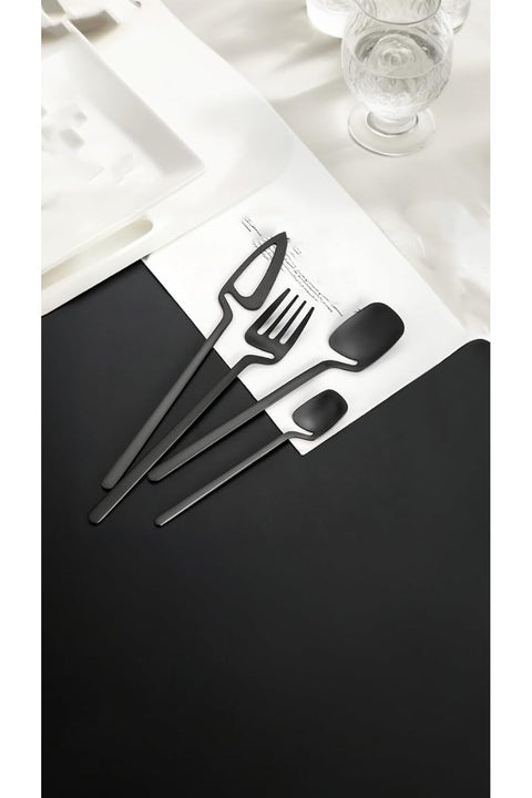 Black Flatware Set, 4-Piece Matte Stainless Steel Cutlery Set, Head Concave Design for Hanging, Dishwasher Safe and Rust Protected, for Home Kitchen, Restaurant, or Formal Dining