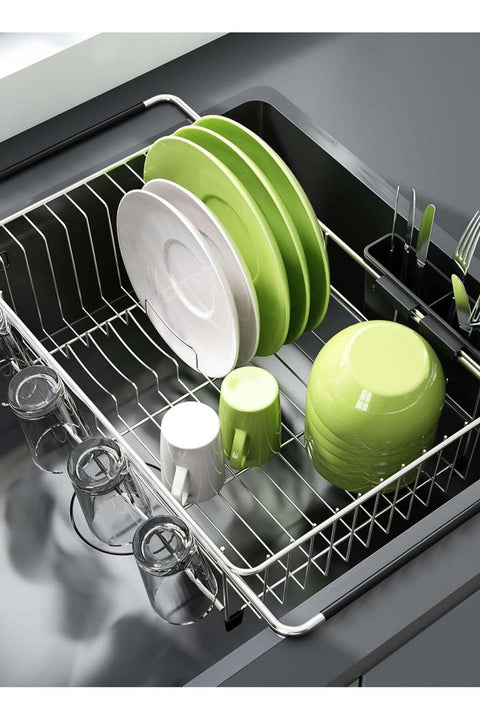 Dish Drying Rack in Sink, Expandable Stainless Steel Dish Drainers for Kitchen Counter, Dish Dryer Rack for Inside Sink, Over The Sink Dish Racks with Utensil Holder, Silver