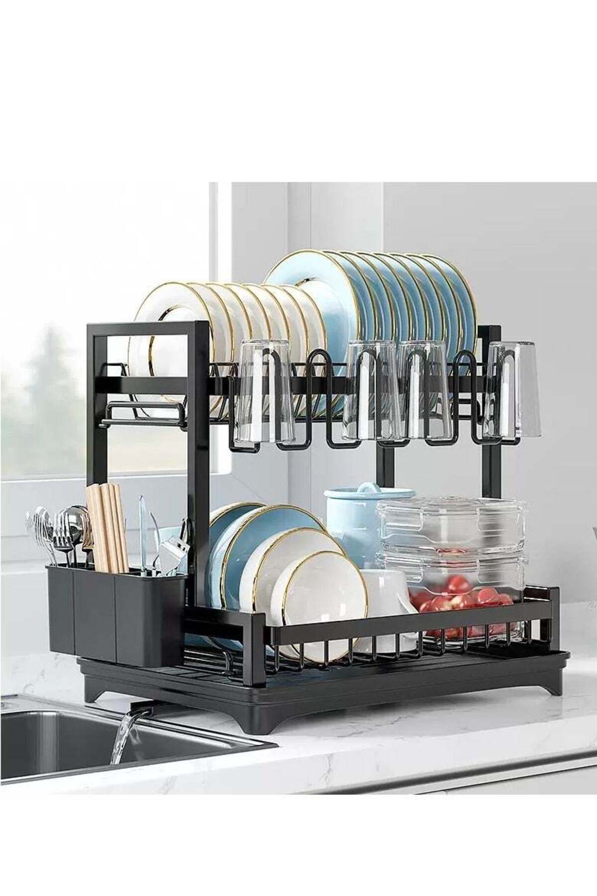 Dish Drying Rack, 2 Tier Dish Racks for Kitchen Counter, Stainless Steel Kitchen Dish Drying stand,Detachable Capacity Dish Drainer Organizer with Utensil Holder, Drain Board,Black