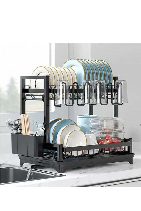 Dish Drying Rack, 2 Tier Dish Racks for Kitchen Counter, Stainless Steel Kitchen Dish Drying stand,Detachable Capacity Dish Drainer Organizer with Utensil Holder, Drain Board,Black
