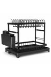 Black Metal Kitchen Dish Drying Rack, Sustainable Countertop Dish Drainer with Cup & Chopsticks Holder, Multifunction Storage & Drain Rack