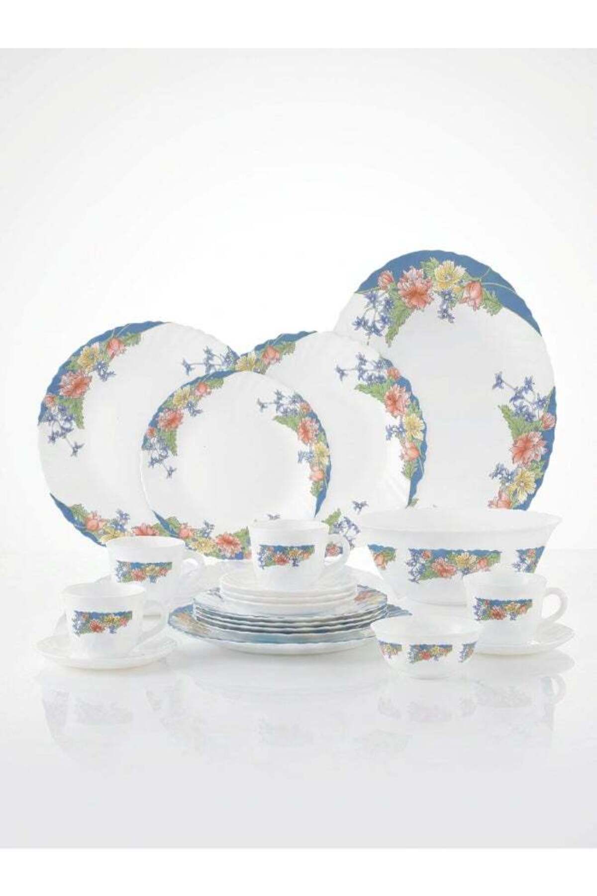 Florine 38 Piece Dinner Set includes 6 x 25cm Dinner Plates, 6 x 21cm Soup Plates, 6 x 19 cm Dessert Plates, 6 x 12 cm Soup Bowls, 1x 25cm Salad Bowl + 1 x 33 cm Oval Platter, 6 x 22cl Teacups
