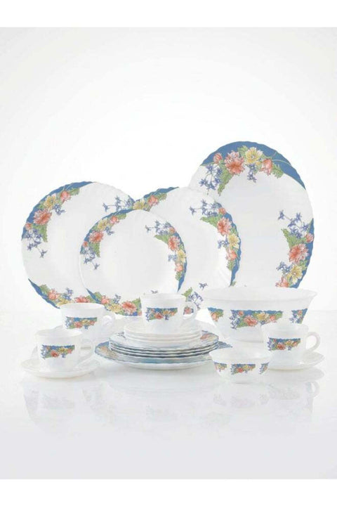 Florine 38 Piece Dinner Set includes 6 x 25cm Dinner Plates, 6 x 21cm Soup Plates, 6 x 19 cm Dessert Plates, 6 x 12 cm Soup Bowls, 1x 25cm Salad Bowl + 1 x 33 cm Oval Platter, 6 x 22cl Teacups