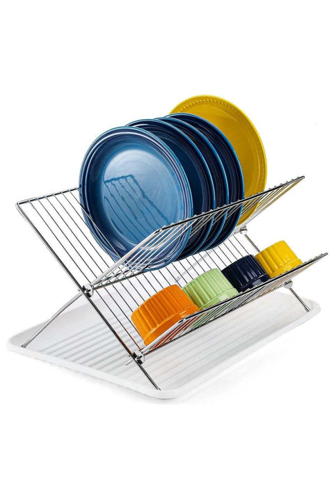 2 Tier Foldable Dish Drying Rack with Drip Tray, Stainless Steel Dish Drainer Rack, Collapsible Dish Drainer, Folding Dish Rack for Kitchen Sink, Countertop, Cutlery, Plates, Dishes