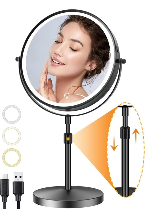 20cm Rechargeable Lighted Height Adjustable Makeup Mirror with 3 Colors,45 Mins Auto Turn Off & Memory Function,Dimmable Double-Sided 1X/10X Magnification LED and 360° Rotation Standing Vanity Mirror