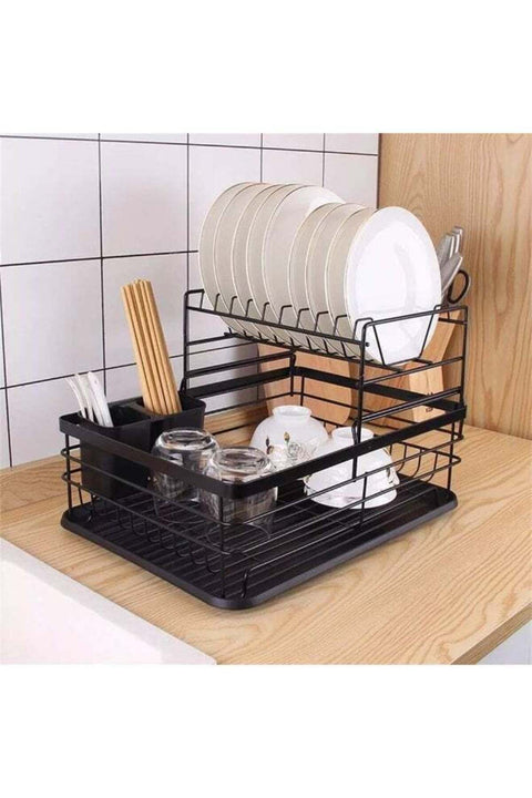 2-Tier Dish Drying Rack with Utensil Holder – Space-Saving Kitchen Organizer for Plates, Bowls, Glasses & Cutlery – Sleek Black Design with Drain Board – Perfect for Modern Countertops