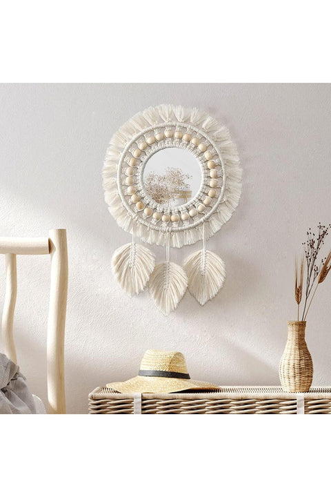 Hanging Wall Mirror, Boho Macrame Fringe Round Decorative Mirror with Wood Beads Feather Pendant, Art Ornament for Apartment Home Bedroom Living Room Decoration and Gift (Ivory)