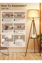 Solid Wooden Tripod Floor Lamp, Dimmable, 4 Color Temperatures, 1H Timer, Storage Shelf
