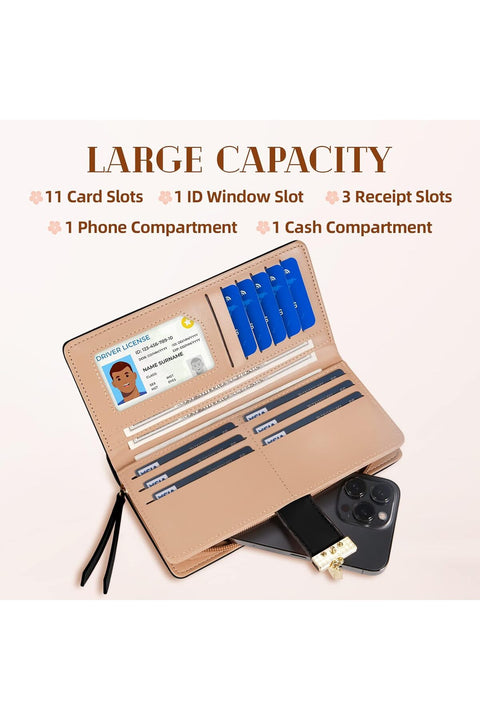 Sweet Cute Chocolate Women's Long Leaf Bifold Wallet Leather Card Holder Purse Zipper Buckle Elegant Clutch