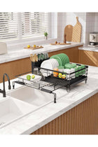 Dish Drying Rack,Retractable Large-Capacity Double-Tier Drying Rack,Rust-Resistant Metal Dish Storage Rack,Includes a Cutlery Tray and Cup Holder,Easy to Install,Ideal as a Kitchen Countertop