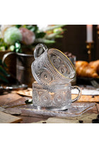 Gezzeny Set of 3 Vintage Glass Coffee Cups with Saucer and Spoon, Transparent Embossed Dessert Plate
