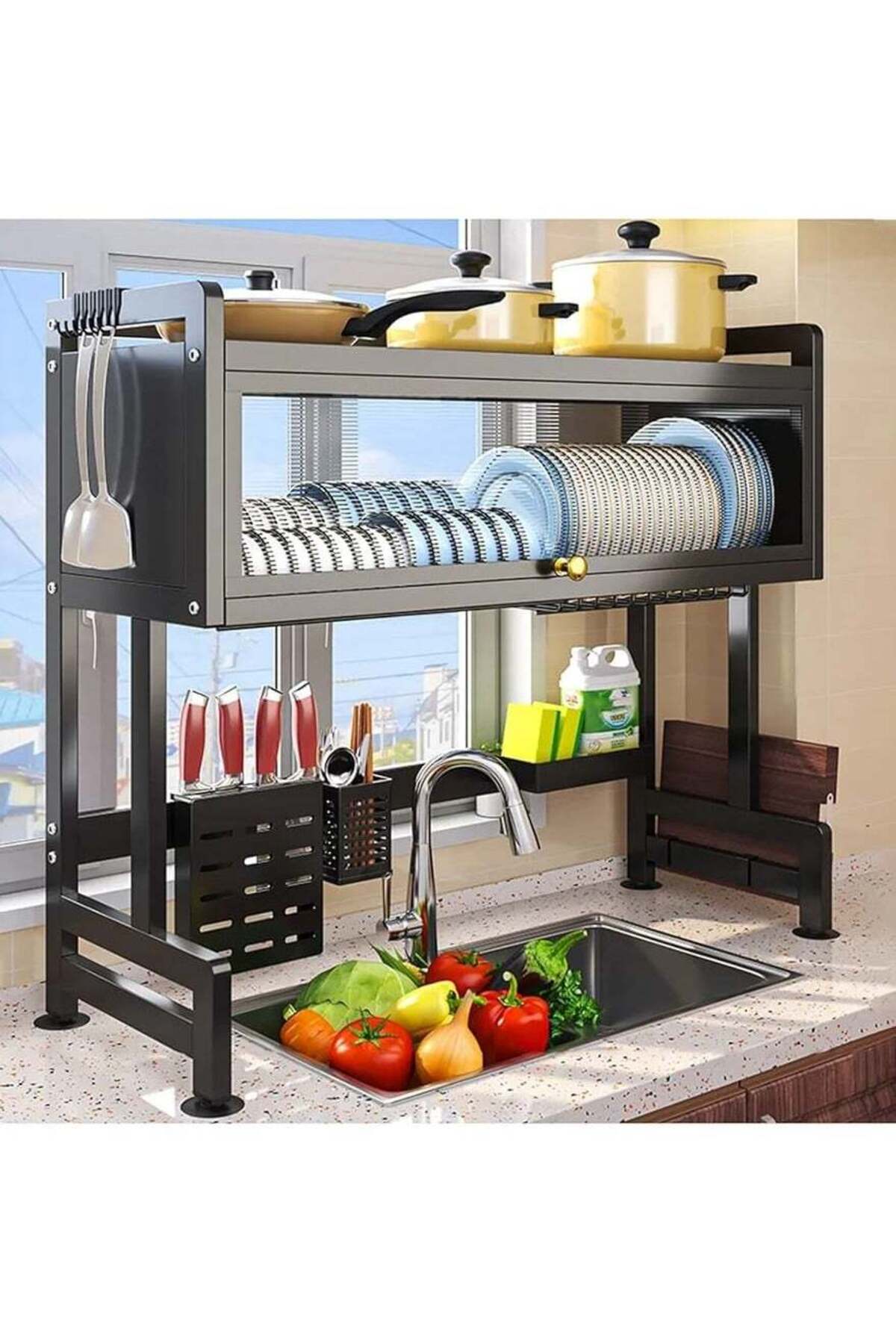 Dish Rack Organizer Stainless Steel with Doors Over Sink Dish Drying Rack Storage Rack Kitchen Dish Drainer Nonslip Kitchen Multipurpose Rack Dust-Proof