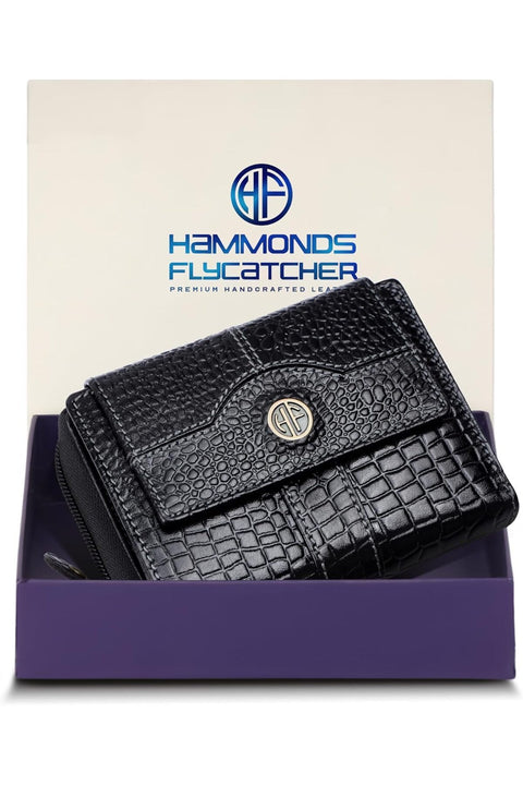 Leather Ladies Wallet for Woman with 14 Card Slots - Clutch Purse, Croc-Black