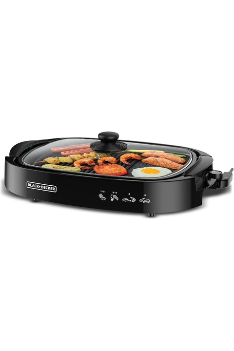 BLACK+DECKER Electric Health Grill, 1500W, Family-Sized Non-Stick Griddle with Glass Lid, 5-Level Te