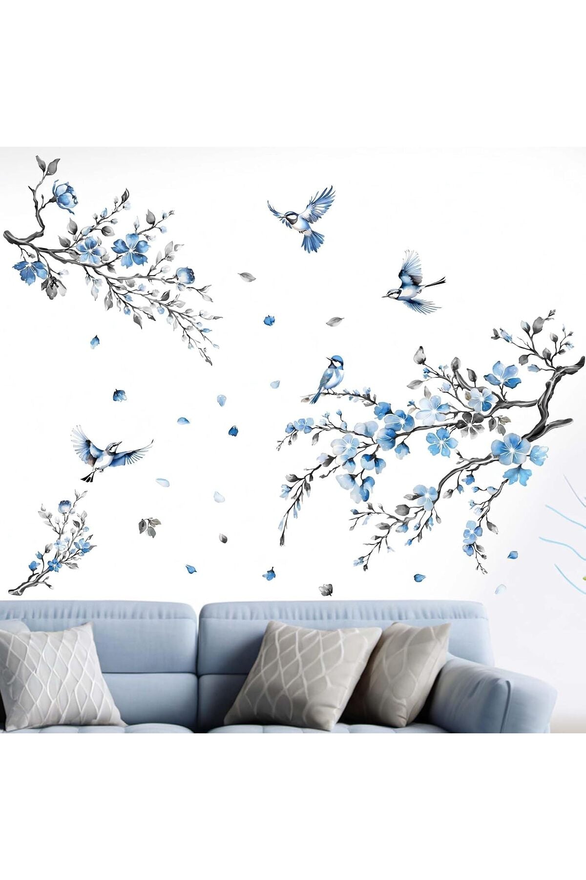 Cherry Blossom Wall Stickers for Bedroom: Peel and Stick Flower Bird Blue Floral Tree Branch Wall Decals - Living Room Office Bathroom