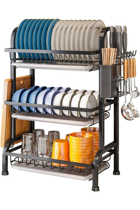 Dish Drying Rack, 3-Tier Dish Rack Drainboard Set, Kitchen Multi-functional Stainless Steel Removable Cutlery Drain Rack,