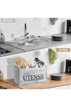 Rustic White Kitchen Utensil Holder – Large Wooden Utensil Organizer with Detachable Silverware Caddy & Portable Handle