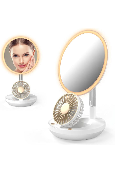 3-in-1 LED Makeup Mirror with Fan, Rechargeable Portable Cordless Fan, 3 Speeds Quiet Cooling, 3-Color Stepless Dimming Vanity Mirror, USB Powered for Home Office