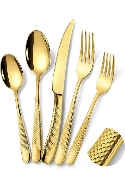 Cutlery Set 24 Peices Stainless Steel Tableware Dinner Mirror Polished Surving for 6 Set of Knives Spoons Forks Kitchen Utensils Tablespoon Skewer Accessories Home & Restaurant (GRID GOLDEN)