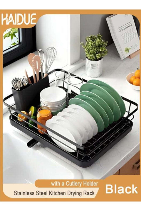 Dish Drying Rack- Space-Saving Dish Rack Dish Racks for Kitchen Counter Stainless Steel Kitchen Drying Rack with a Cutlery Holder Black