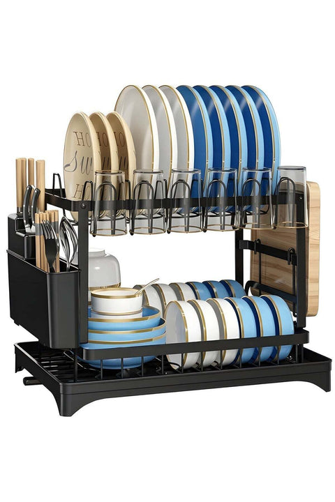 2-Tier Dish Drying Rack – Save Space Dish Rack with Utensil Holder, Cutting Board Holder & Drainboard Tray | Large Capacity, Rustproof Kitchen Drainer,42 * 30 * 29cm,Black