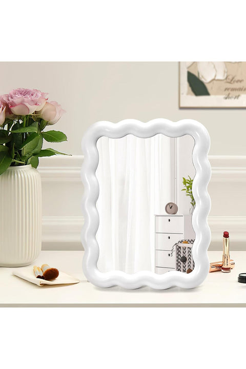Cute Wave-Shaped Desk Vanity Makeup Mirror, Portable Aesthetic Folding Mirror for Travel, Standing/Hanging Makeup Mirror for Women & Girls, Home Décor Mirror (White)