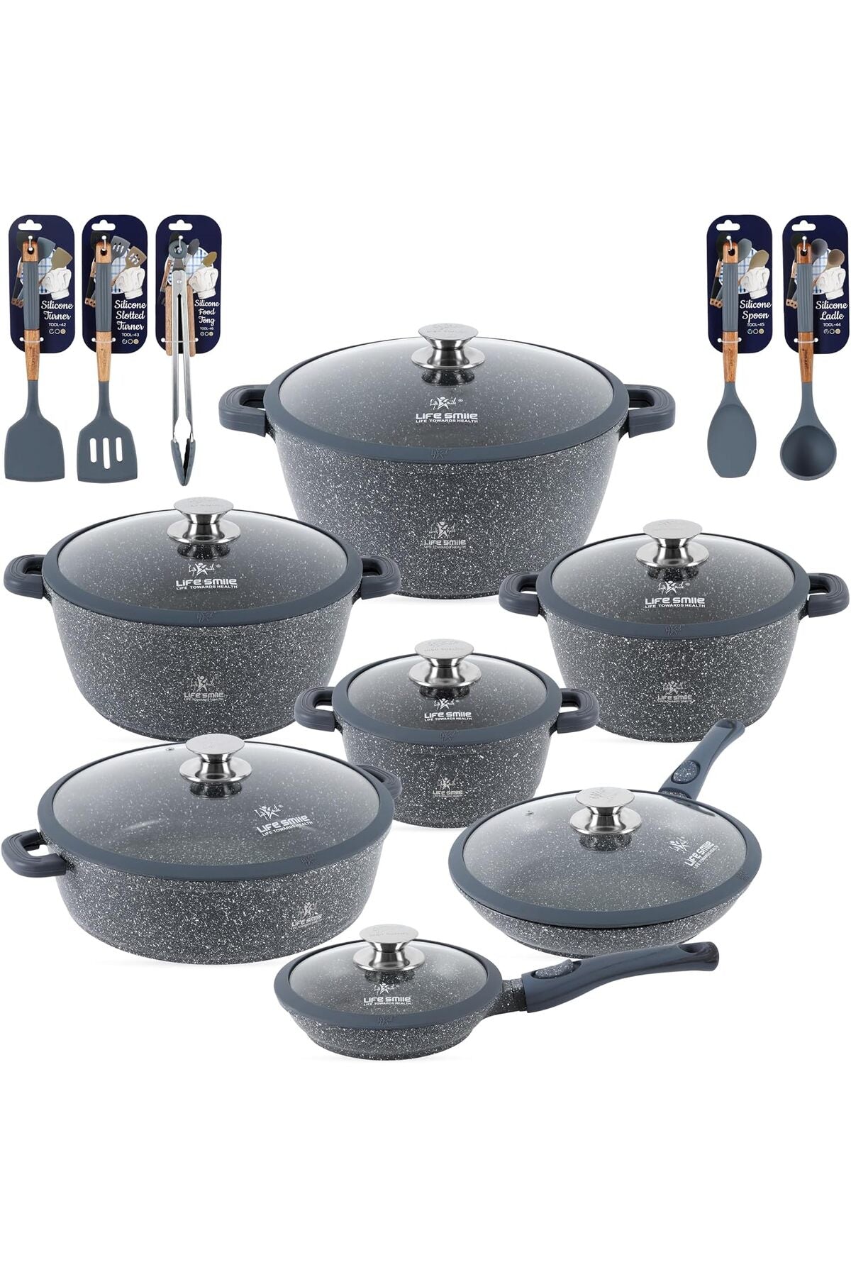 LIFE SMILE Cookware Set - Pots and Pans set Granite Non Stick Coating 100% PFOA FREE, Induction Base Cooking Set with Removable Silicone Handles - Oven Safe (Blue, 29 Pieces)