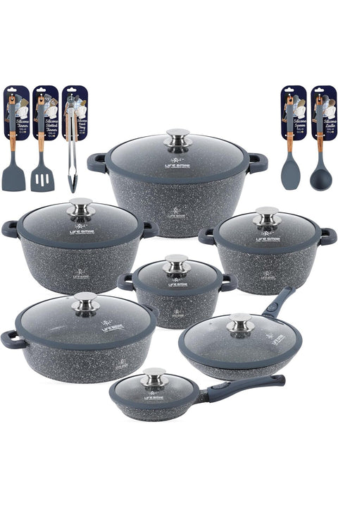 LIFE SMILE Cookware Set - Pots and Pans set Granite Non Stick Coating 100% PFOA FREE, Induction Base Cooking Set with Removable Silicone Handles - Oven Safe (Blue, 29 Pieces)