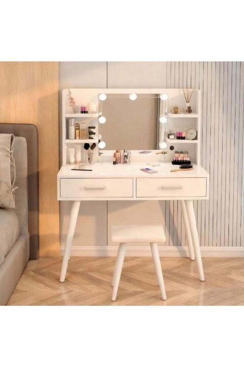 Vanity Desk Set, Dresser with Mirror Vanities Table, Makeup Table with Drawer and Shelf, Bedroom Dressing Table with Ample Storage Space, Suitable for Bedrooms, Dormitories (White, SZZ014)